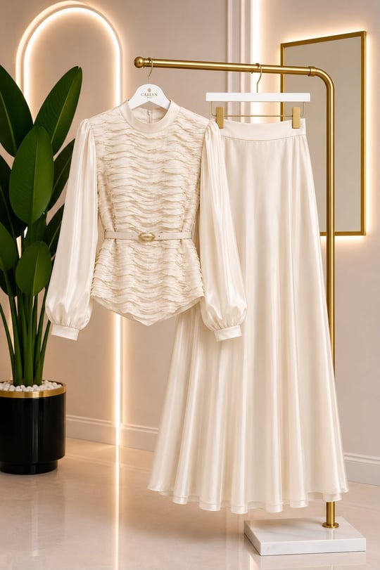 Drape Detay JanJan Etekli Takım 7041 T-26 Ekru