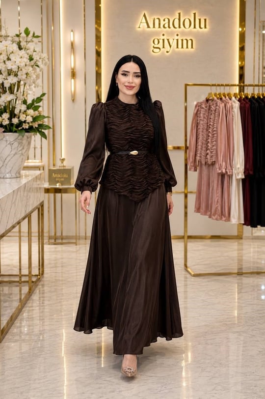 Drape Detay JanJan Etekli Takım 7041 T-26 Kahverengi