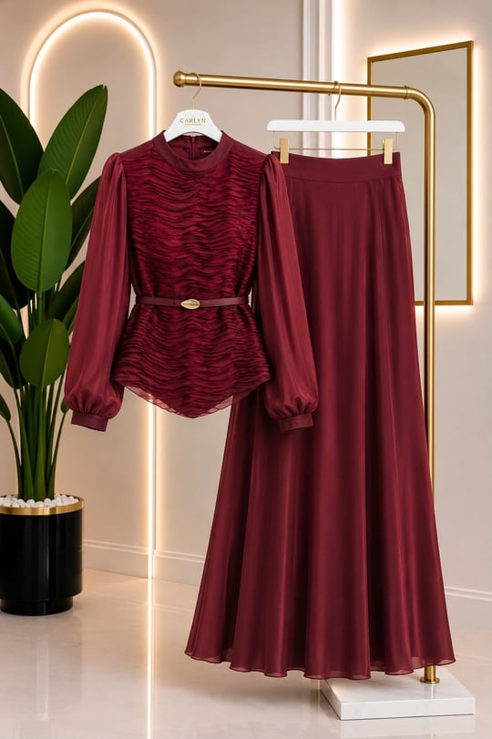Drape Detay JanJan Etekli Takım 7041 T-26 Bordo