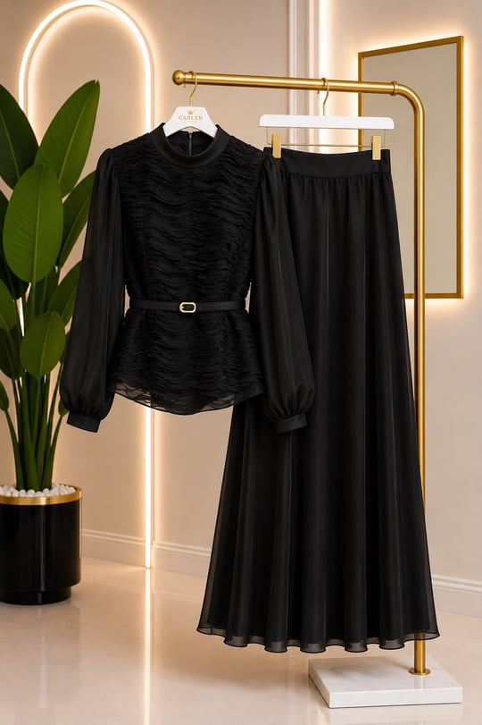 Drape Detay JanJan Etekli Takım 7041 T-26 Siyah