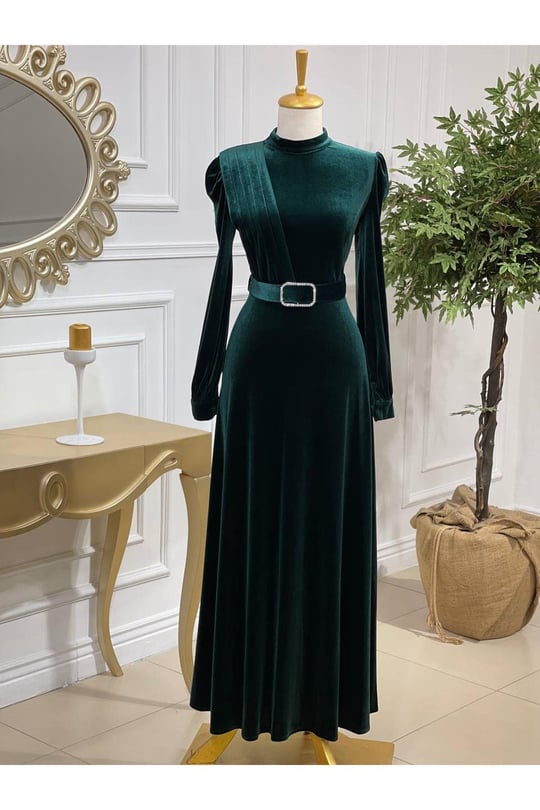 Drape Toka Kemer Kadife Elbise 3691-Zümrüt Yeşil