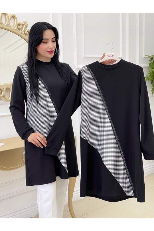 Ekose Şerit Taş Tunik-Siyah