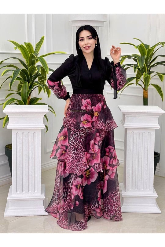 Eteği Kat Kat Çiçek Desen Elbise 3836-pembe