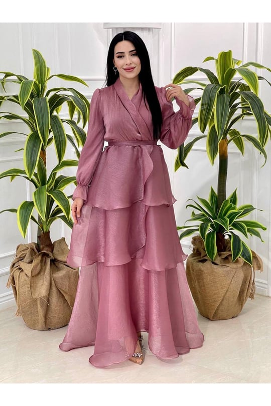 Eteği Katlı Jan Jan Elbise 3872-Rose