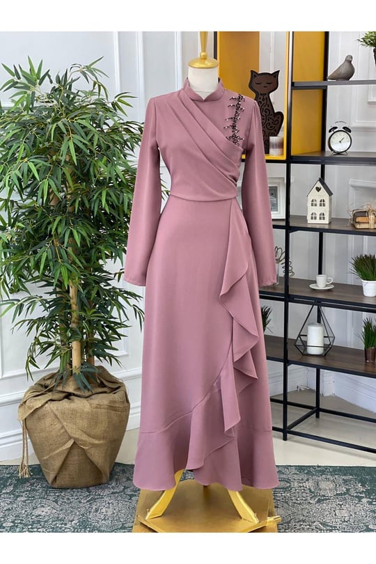 Eteği Volanlı Elbise 4063-Rose