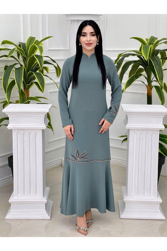 Etek Uçu Taşlı Elbise 760-Mint yeşili