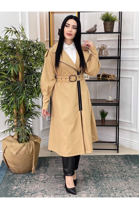 Fermuar Detay Trenchcoat Kap 15111-Bej