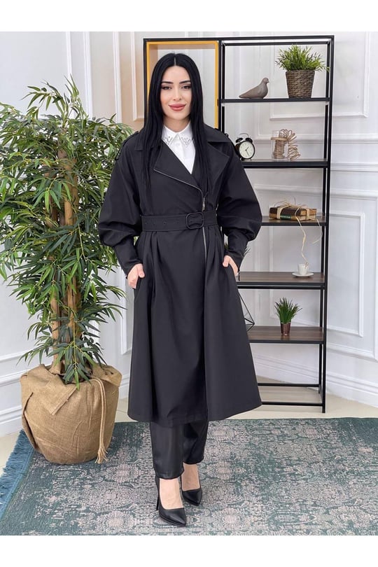 Fermuar Detay Trenchcoat Kap 15111-Siyah