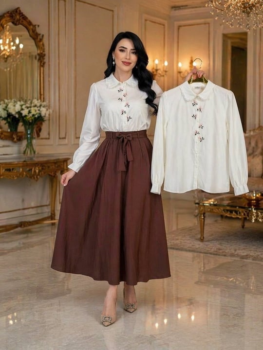 FırFır Yakalı Çiçek İşlemeli Gömlek 265118 T-26 Ekru