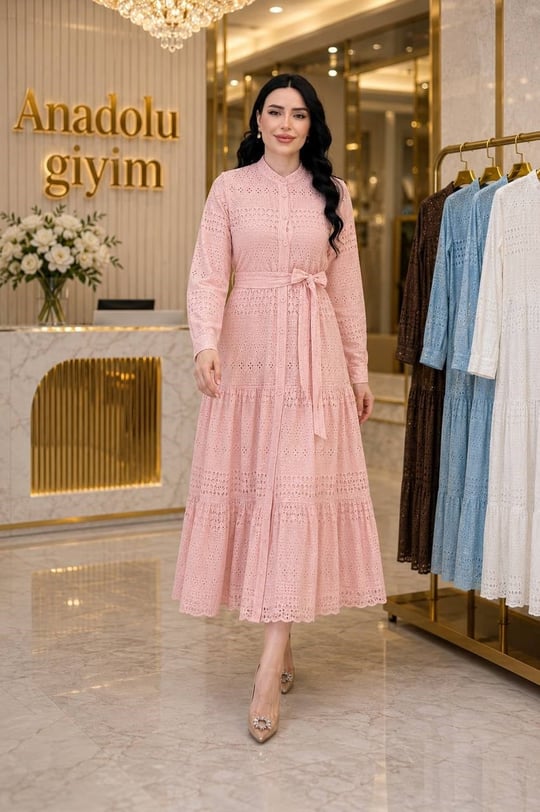 Fisto Nakışlı Düğmeli Elbise 1818 T-26 pembe