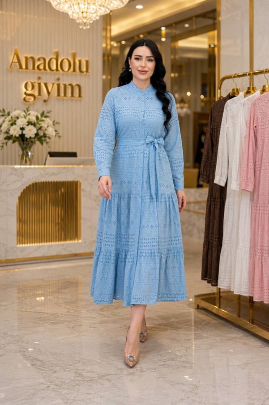 Fisto Nakışlı Düğmeli Elbise 1818 T-26 Mavi