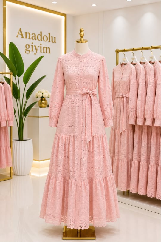 Fisto Nakışlı Düğmeli Elbise 1818 T-26 pembe