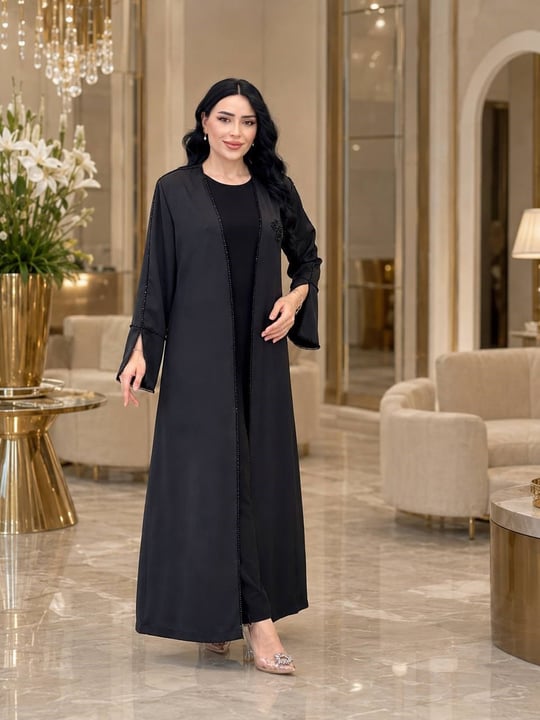 Fiyonk İşleme İkili Abaya Elbise 6299 T-26 Siyah