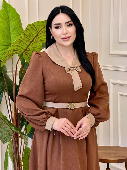Fiyonklu Bebe Yaka Elbise 7057 e025 Kahverengi