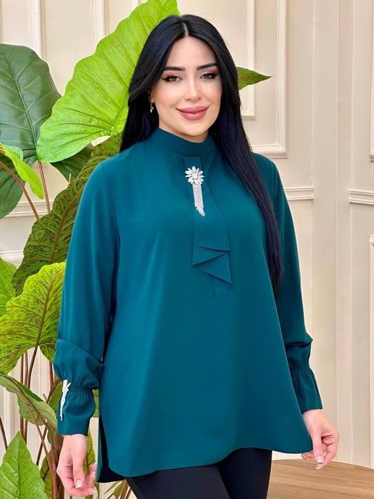 Fularlı Kısa Gömlek 1031 G-25 Zümrüt Yeşil