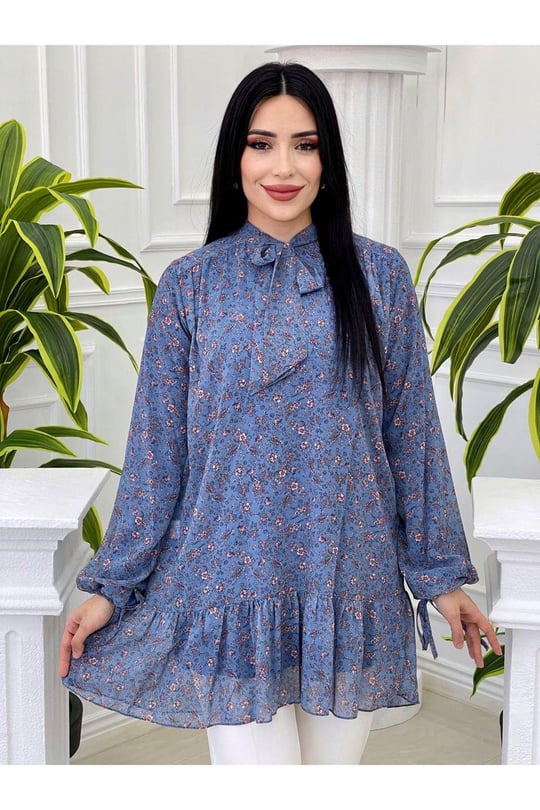 Fularlı Şifon Tunik 2068-Mavi
