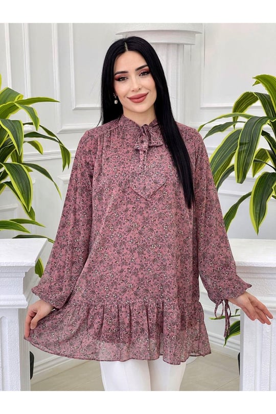 Fularlı Şifon Tunik 2068-Purdra
