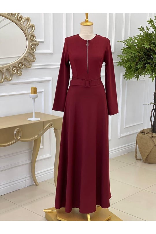 Gögüs Fermuarlı Penye Elbise 3228-Bordo