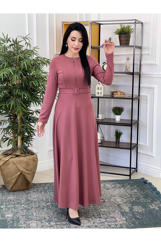 Gögüs Fermuarlı Penye Elbise 3228-Rose