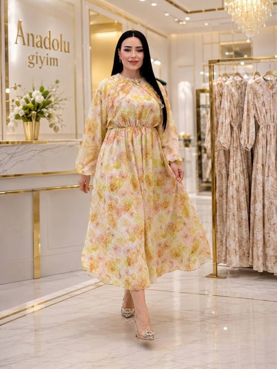 Göğüs FırFır Desenli Elbise 35150 T-26 Sarı