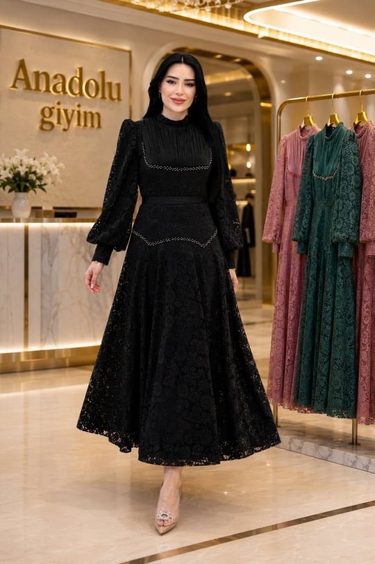 Göğüs JanJan Drape Güpür Abiye 123 T-26 Siyah