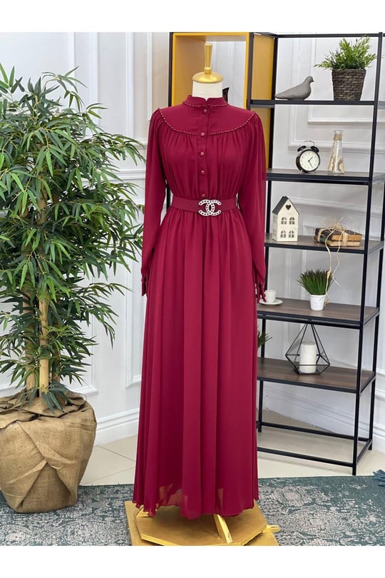 Göğüs Kol İnci Şerit Elbise 3328-Bordo
