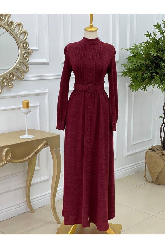 Gögüs Pile Örme Elbise 3214-Bordo