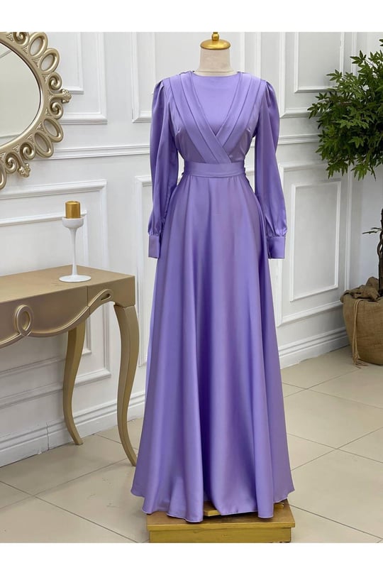 Göğüs Pile Saten Elbise 3367-Lila