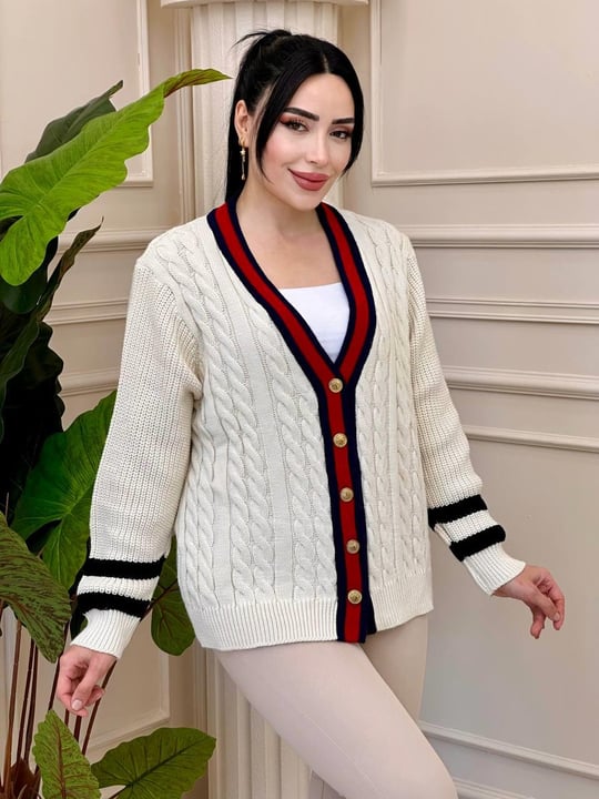 Gold Düğme Şeritli Hırka 5396 t-24 Ekru