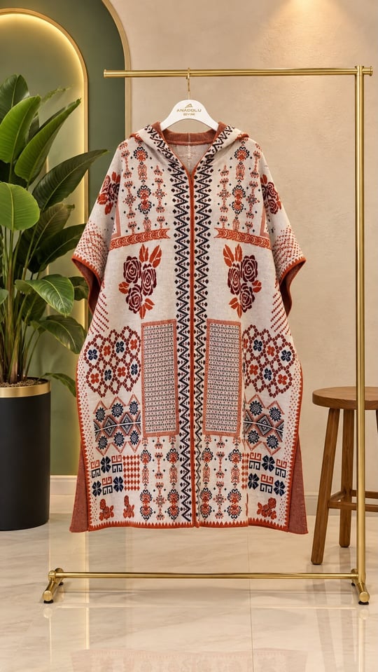 Gül Desen Kapişonlu Panço 3042 T-25 Turuncu
