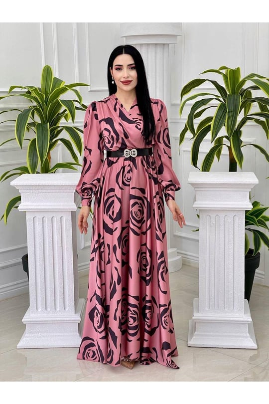 Gül Desen Saten Elbise 4016-pembe