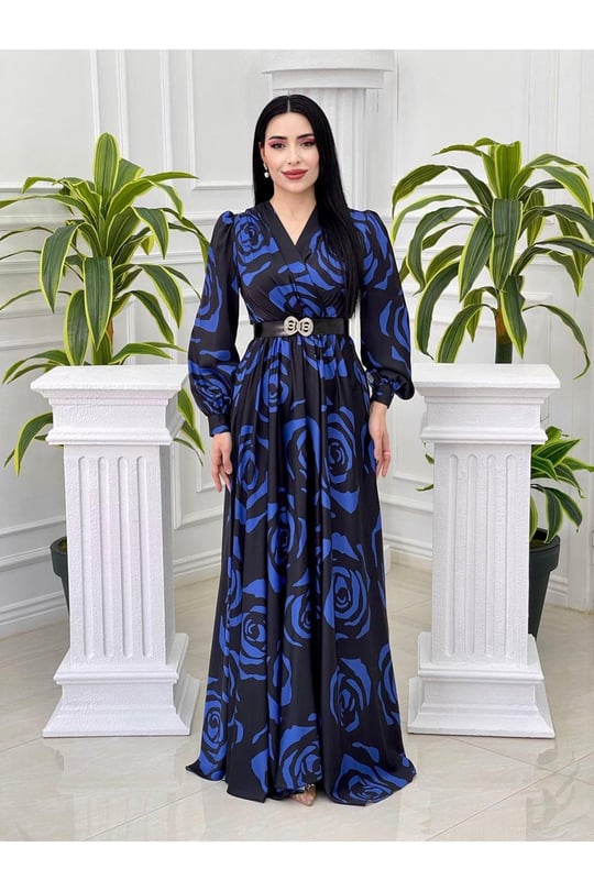 Gül Desen Saten Elbise 4016-Saks