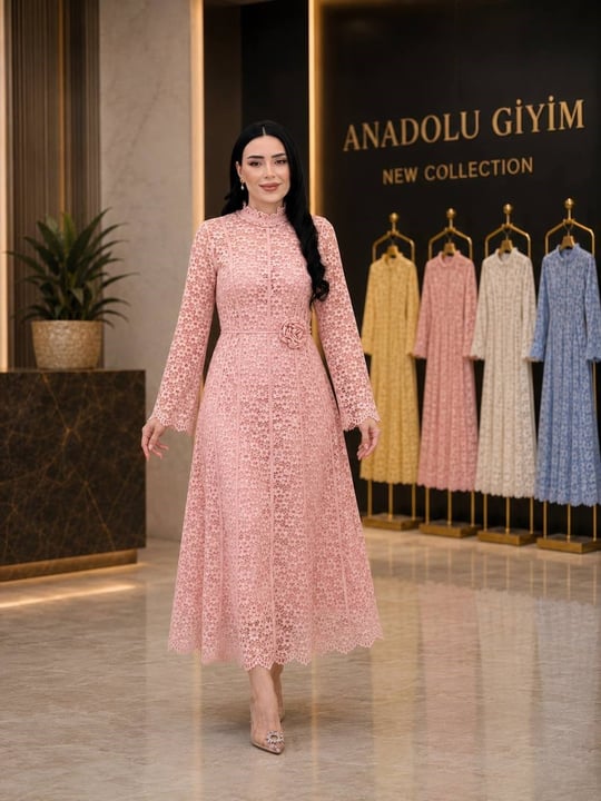 Gül Kemer Güpür Elbise 9064 T-26 pembe