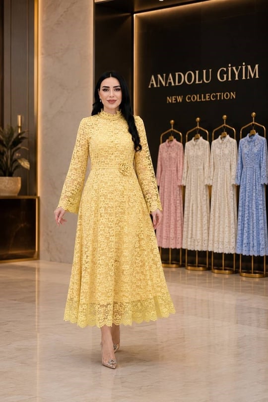 Gül Kemer Güpür Elbise 9064 T-26 Sarı