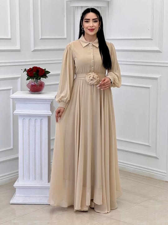 Gül Kemerli Şifon Elbise 1535 t-24 Bej