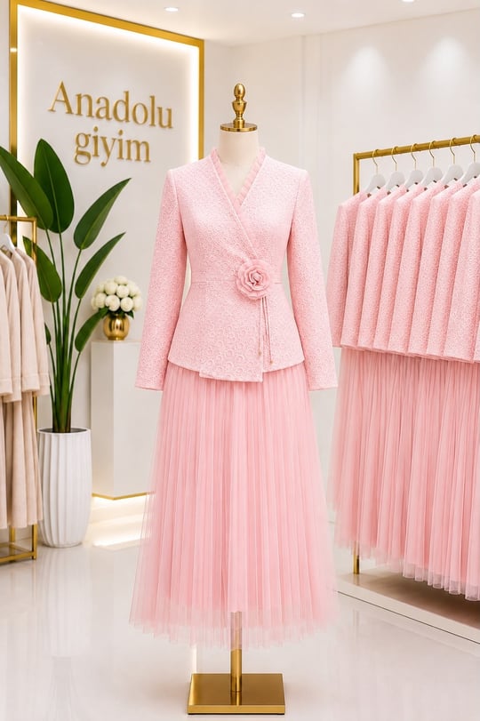 Güpür Ceket Şık Etekli Takım 9071 T-26 pembe