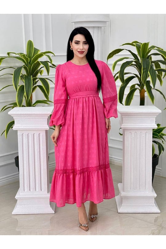 Halka Desen Balon Kol Elbise 1265-pembe