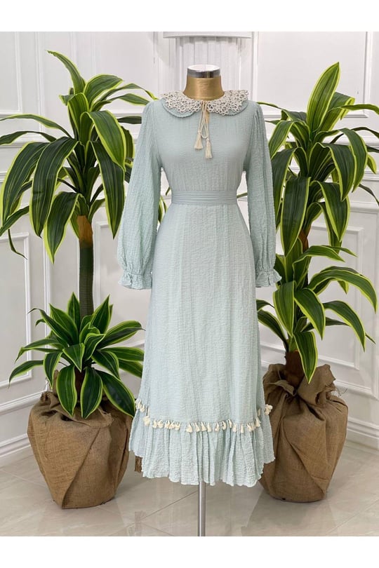 İki Kat Bebe Yaka Keten Elbise 1357-Mint yeşili