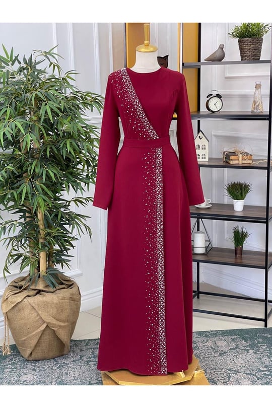 İncili Kapak Elbise 3215-Bordo