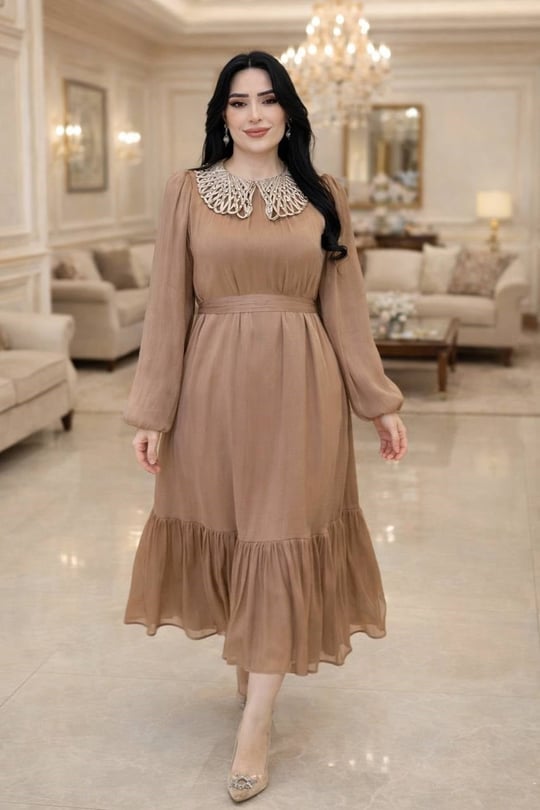 İp İşleme Bebe Yaka JanJan Elbise 1614 T-26 Vizon