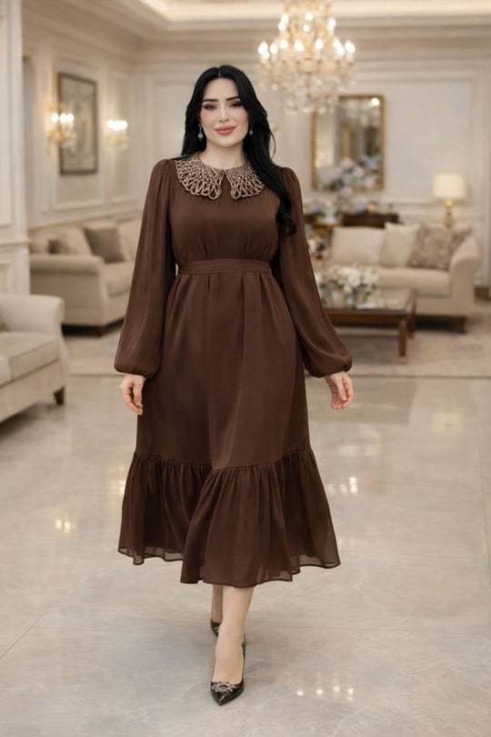 İp İşleme Bebe Yaka JanJan Elbise 1614 T-26 Kahverengi