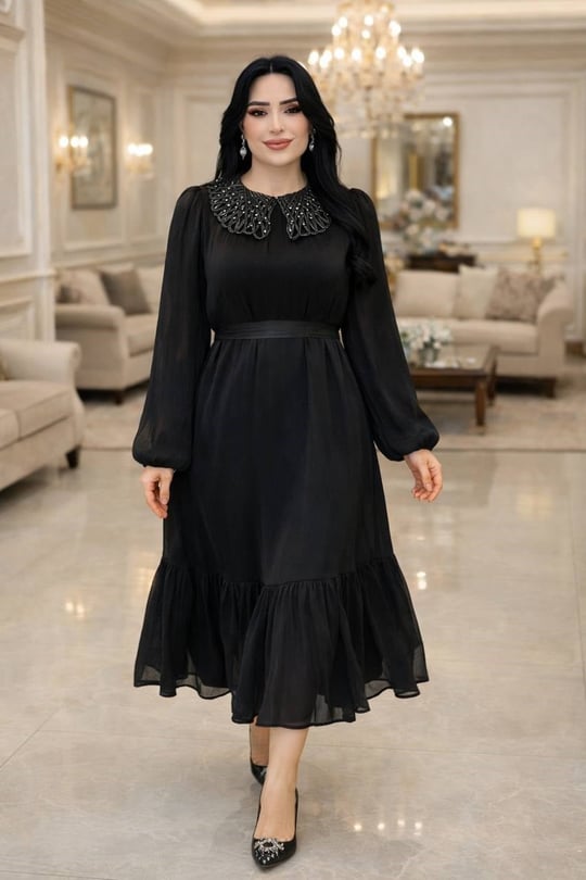 İp İşleme Bebe Yaka JanJan Elbise 1614 T-26 Siyah