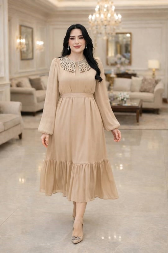 İp İşleme Bebe Yaka JanJan Elbise 1614 T-26 Bej