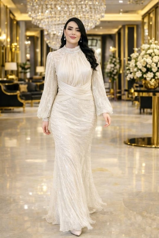 JanJan Drape İşlemeli Tül Abiye 146 T-26 Ekru