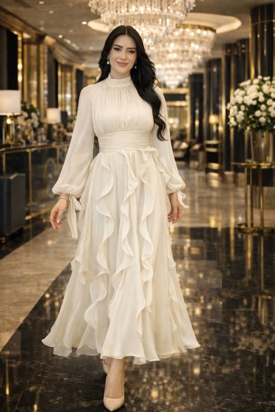 JanJan Eteği Volanlı Elbise 4853 T-26 Bej