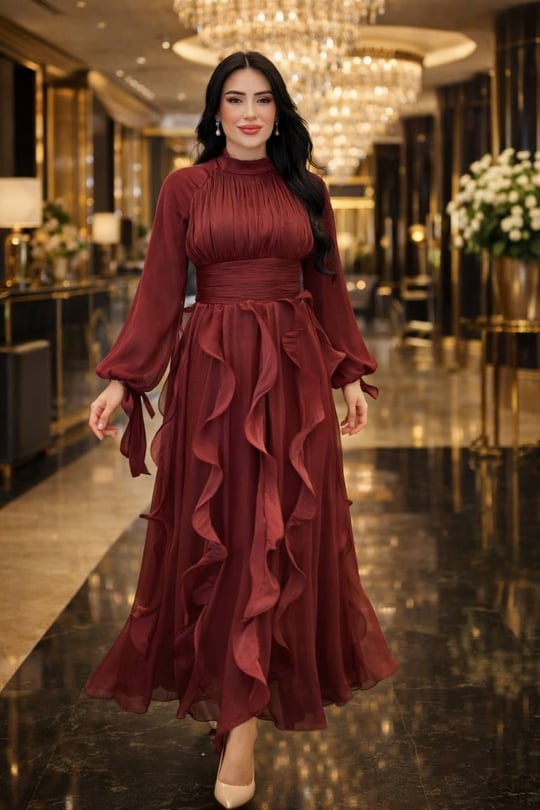 JanJan Eteği Volanlı Elbise 4853 T-26 Bordo