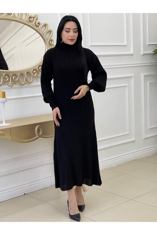 Kalın Fitilli Örme Elbise 123-Siyah
