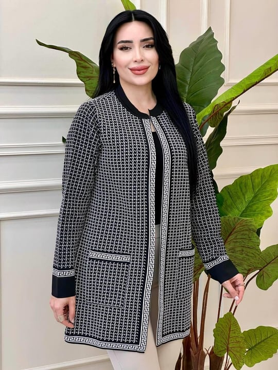 Kare Desen Kısa Hırka 330067 t-24 Siyah Beyaz