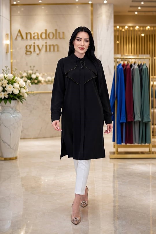 Katlama Yaka Boncuk Şerit Tunik 2203 T-26 Siyah