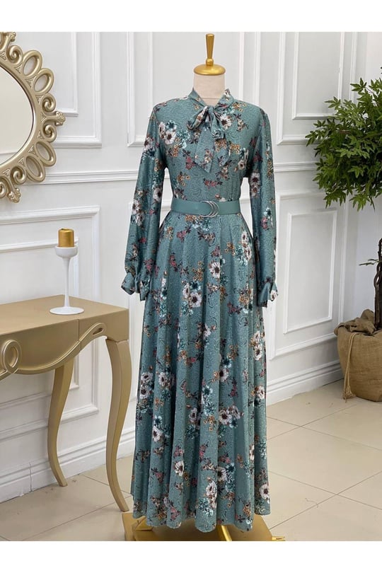Kemerli Güpür Elbise 3587-Mint yeşili